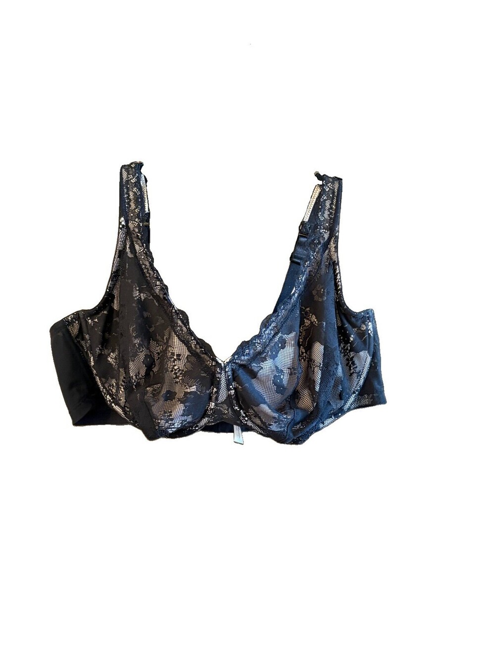Cacique size 46DD underwire black lace bra unpadded hook/eye, adjustable straps